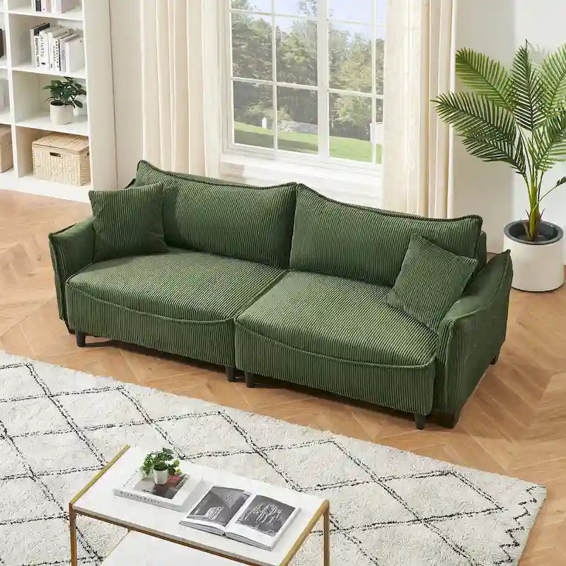 Corduroy fabric sofa with 2 throw pillows