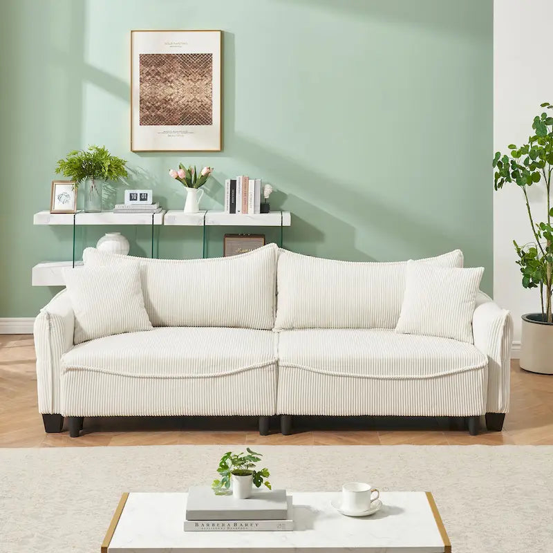 Corduroy fabric sofa with 2 throw pillows