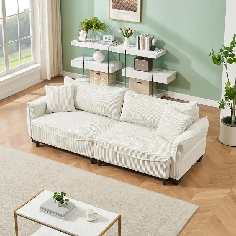 Corduroy fabric sofa with 2 throw pillows
