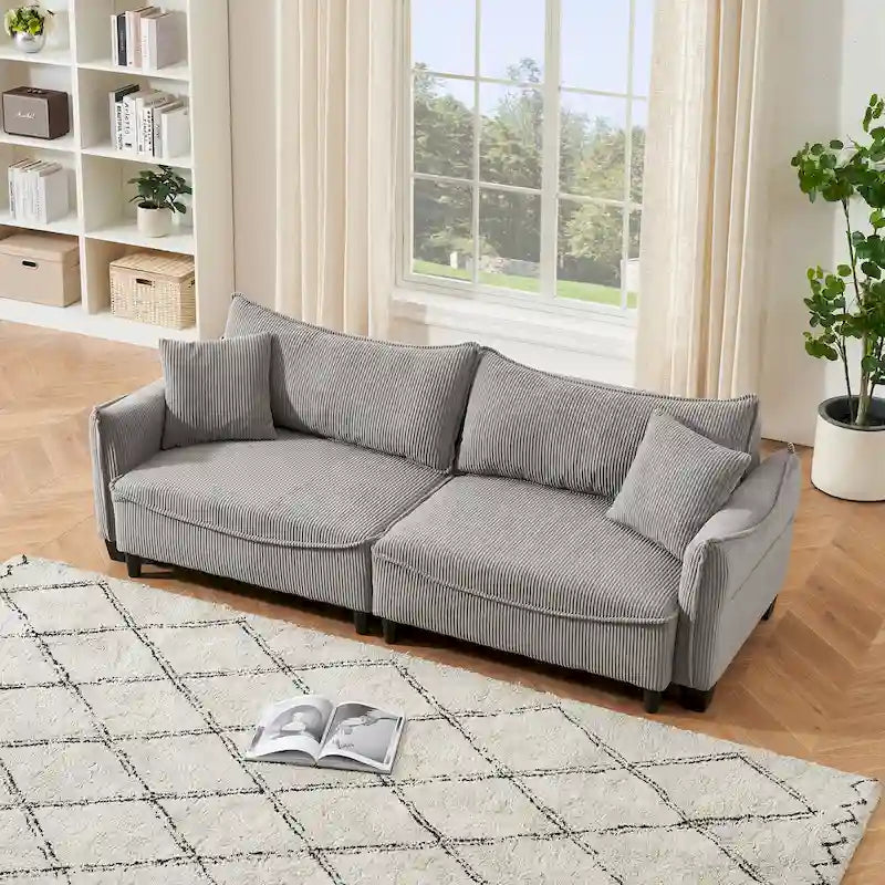 Corduroy fabric sofa with 2 throw pillows