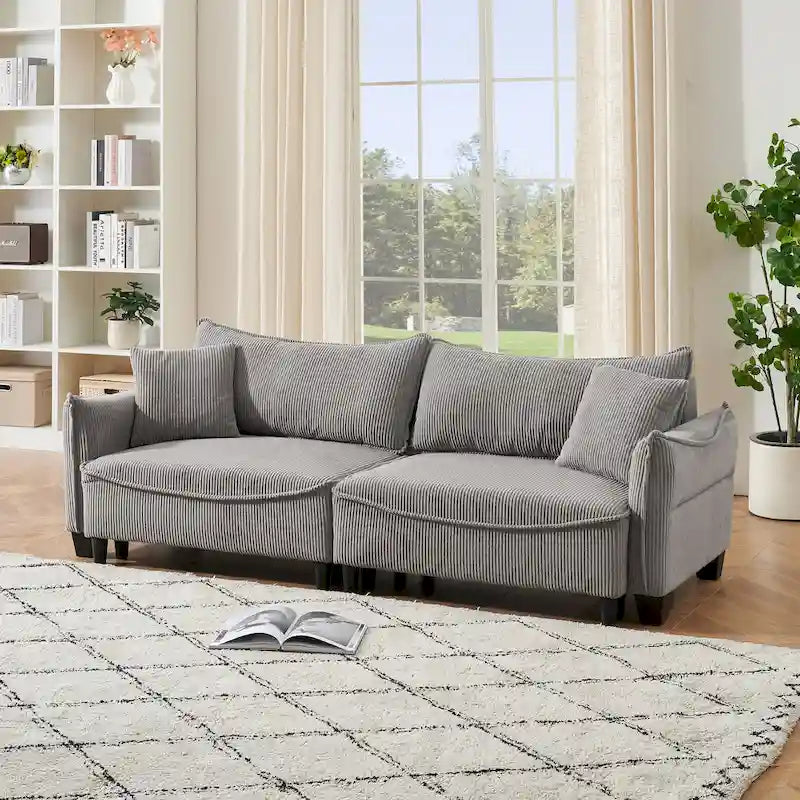 Corduroy fabric sofa with 2 throw pillows