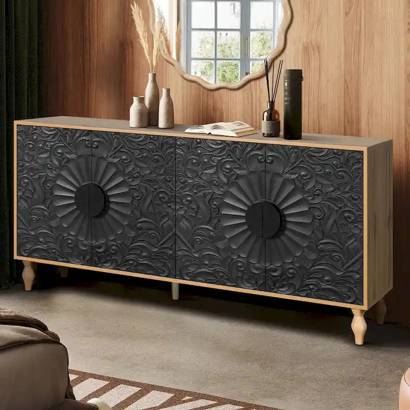 Vintage Carved Floral 2-Door Sideboard Storage Cabinet, Convertible TV Stand, Black White