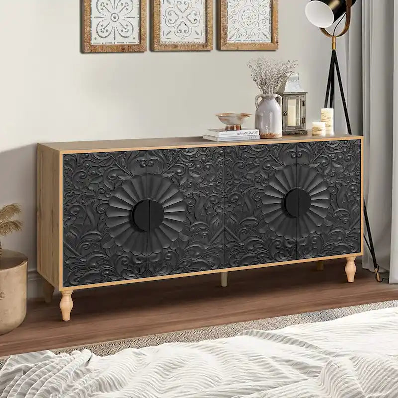Vintage Carved Floral 2-Door Sideboard Storage Cabinet, Convertible TV Stand, Black White