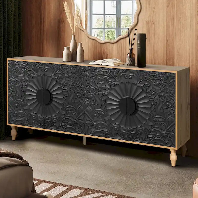 Vintage Carved Floral 2-Door Sideboard Storage Cabinet, Convertible TV Stand, Black White