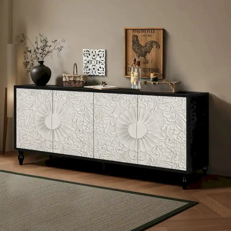 Vintage Carved Floral 2-Door Sideboard Storage Cabinet, Convertible TV Stand, Black White