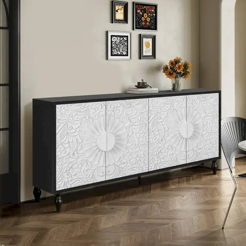 Vintage Carved Floral 2-Door Sideboard Storage Cabinet, Convertible TV Stand, Black White