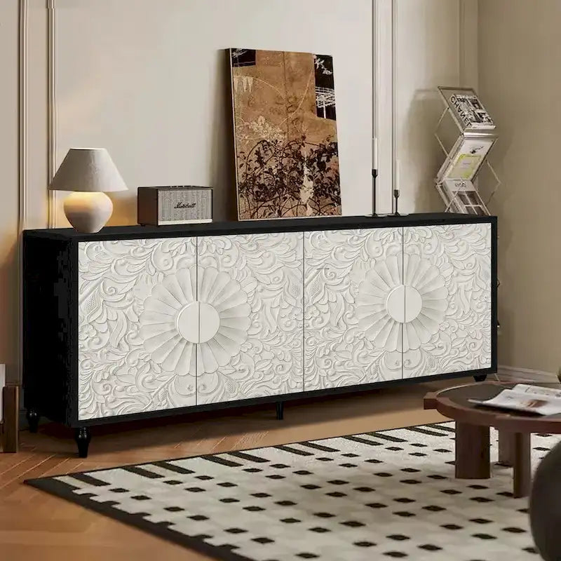 Vintage Carved Floral 2-Door Sideboard Storage Cabinet, Convertible TV Stand, Black White