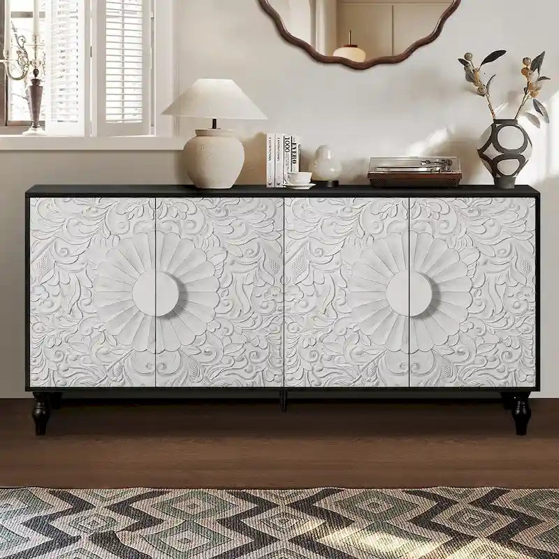 Vintage Carved Floral 2-Door Sideboard Storage Cabinet, Convertible TV Stand, Black White
