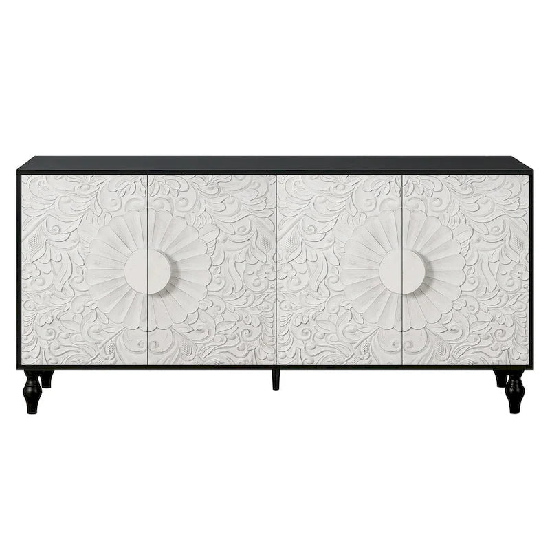 Vintage Carved Floral 2-Door Sideboard Storage Cabinet, Convertible TV Stand, Black White