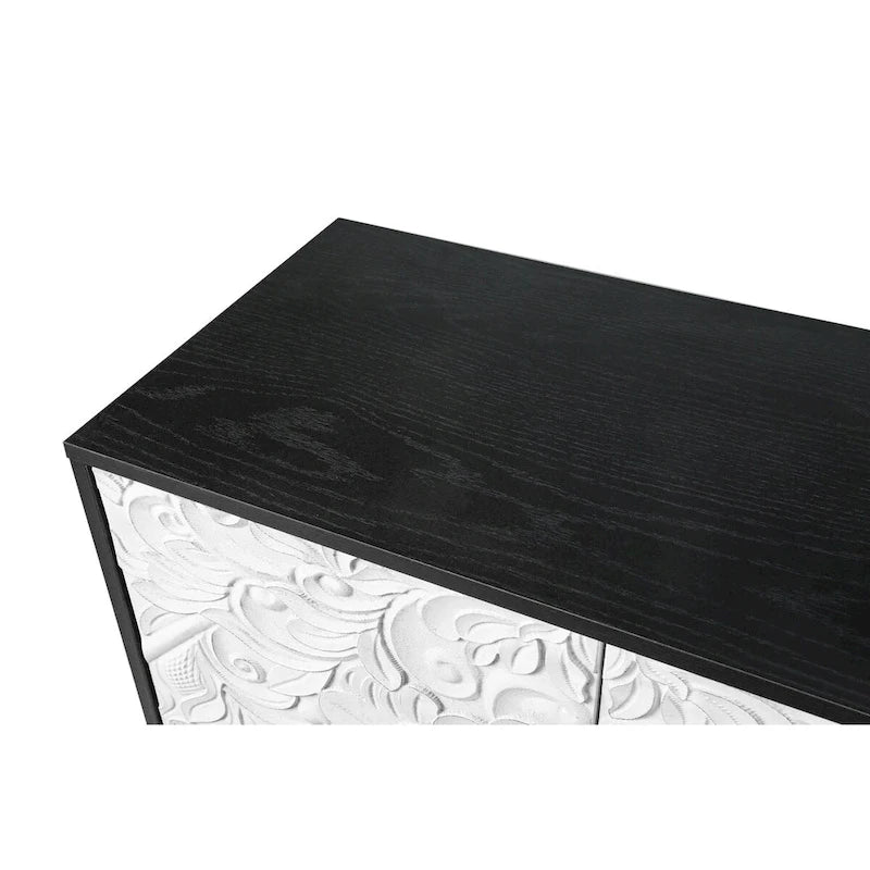 Vintage Carved Floral 2-Door Sideboard Storage Cabinet, Convertible TV Stand, Black White