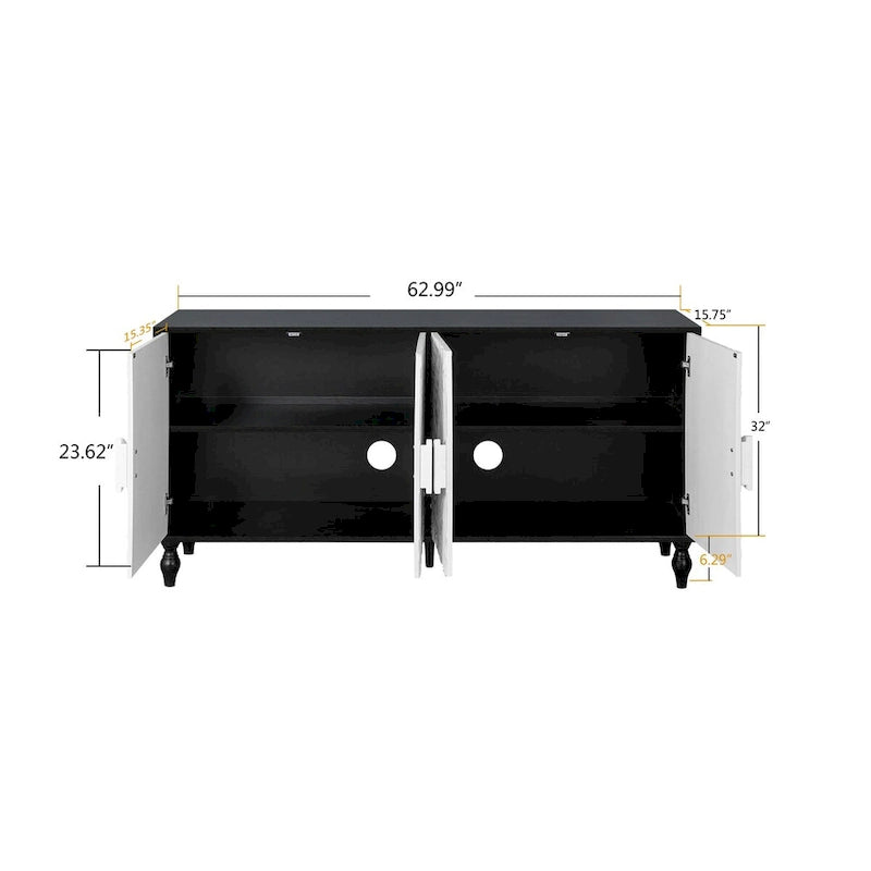 Vintage Carved Floral 2-Door Sideboard Storage Cabinet, Convertible TV Stand, Black White