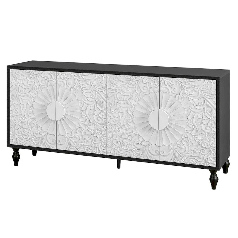 Vintage Carved Floral 2-Door Sideboard Storage Cabinet, Convertible TV Stand, Black White