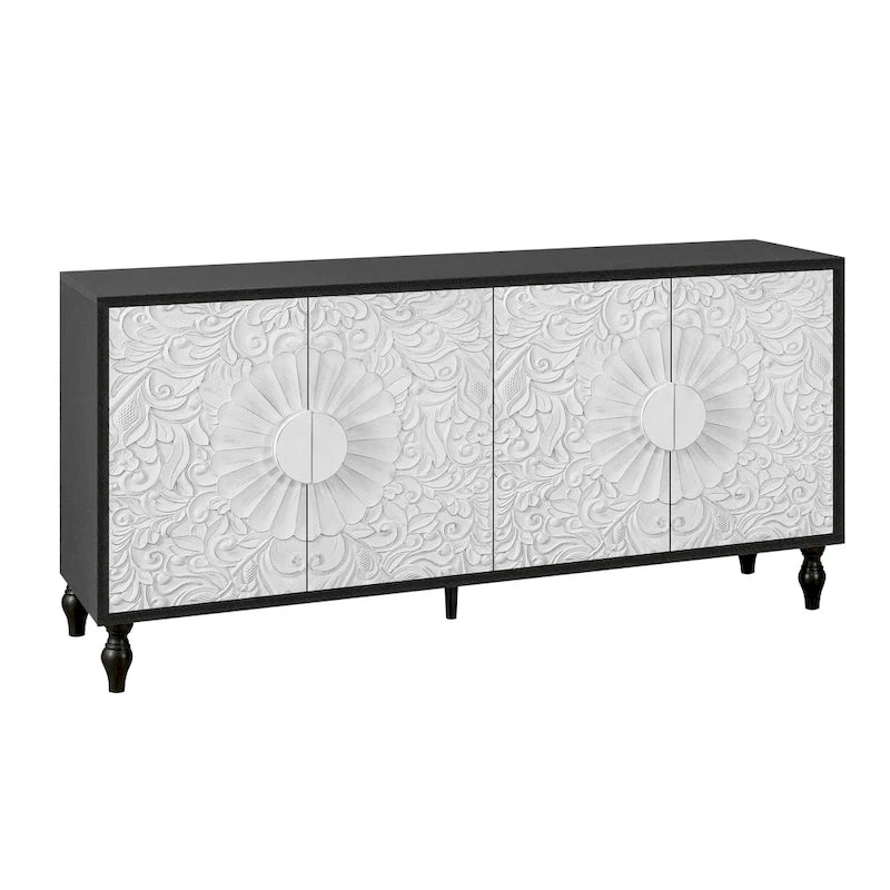 Vintage Carved Floral 2-Door Sideboard Storage Cabinet, Convertible TV Stand, Black White