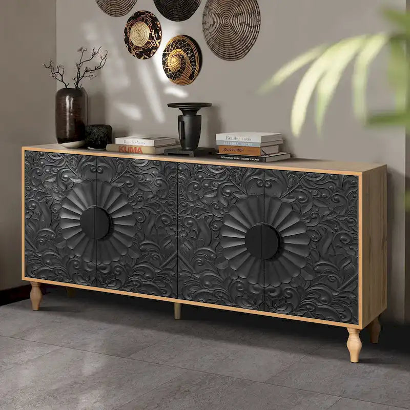 Vintage Carved Floral 2-Door Sideboard Storage Cabinet, Convertible TV Stand, Black White