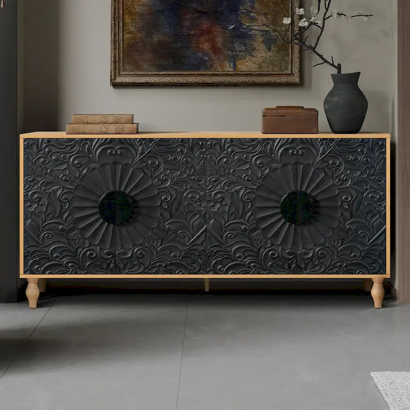 Vintage Carved Floral 2-Door Sideboard Storage Cabinet, Convertible TV Stand, Black White
