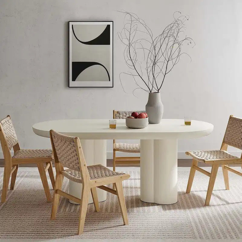 72-Inch Oval Concrete-Look Dining Table with Triple Cylinder Pedestal Base, White Black