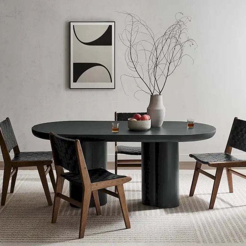 72-Inch Oval Concrete-Look Dining Table with Triple Cylinder Pedestal Base, White Black