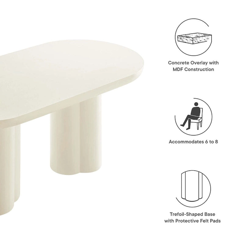 72-Inch Oval Concrete-Look Dining Table with Triple Cylinder Pedestal Base, White Black