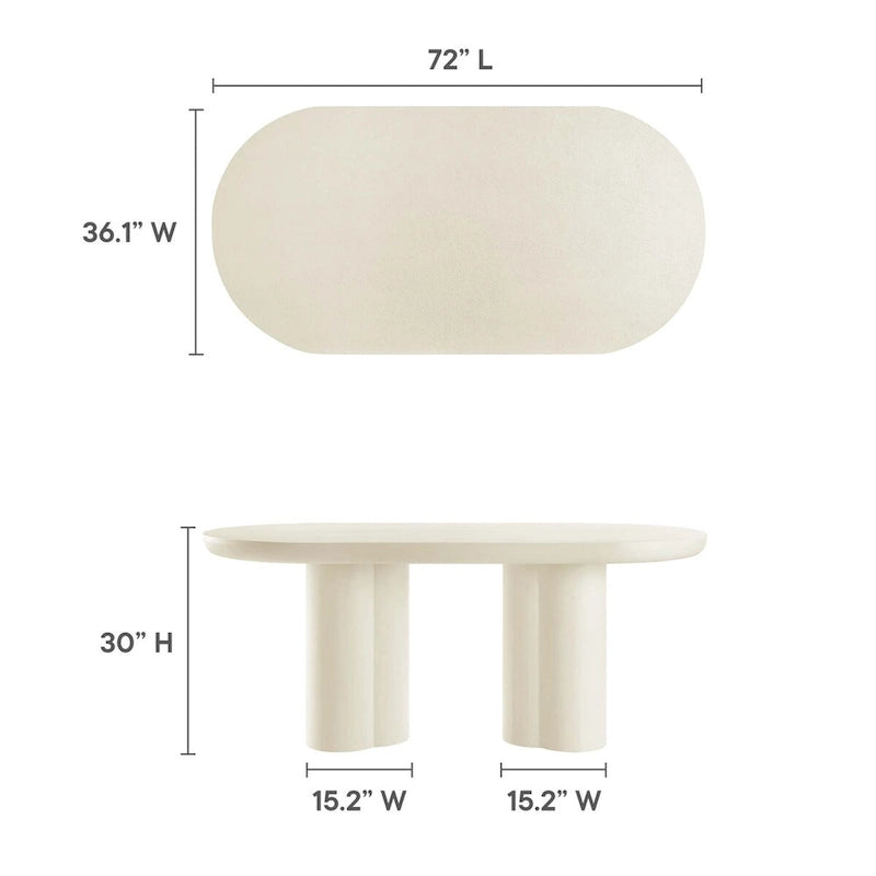 72-Inch Oval Concrete-Look Dining Table with Triple Cylinder Pedestal Base, White Black