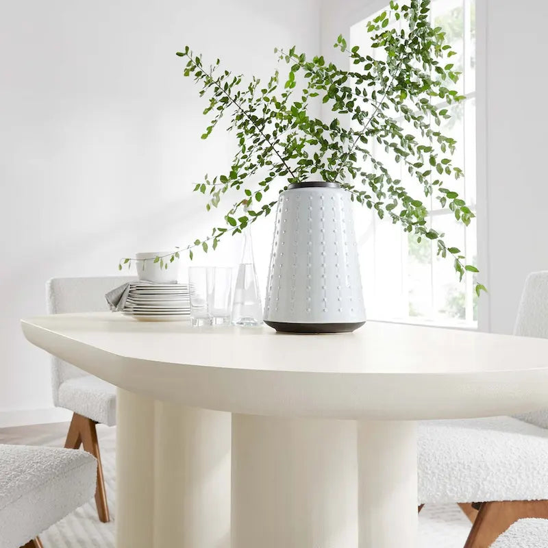 72-Inch Oval Concrete-Look Dining Table with Triple Cylinder Pedestal Base, White Black