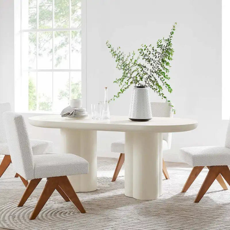 72-Inch Oval Concrete-Look Dining Table with Triple Cylinder Pedestal Base, White Black