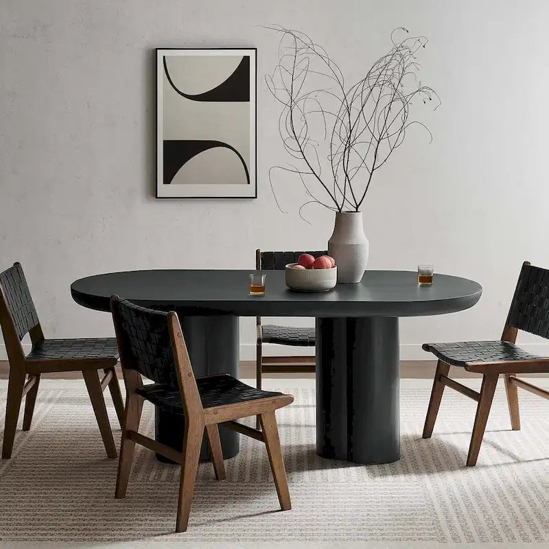 72-Inch Oval Concrete-Look Dining Table with Triple Cylinder Pedestal Base, White Black