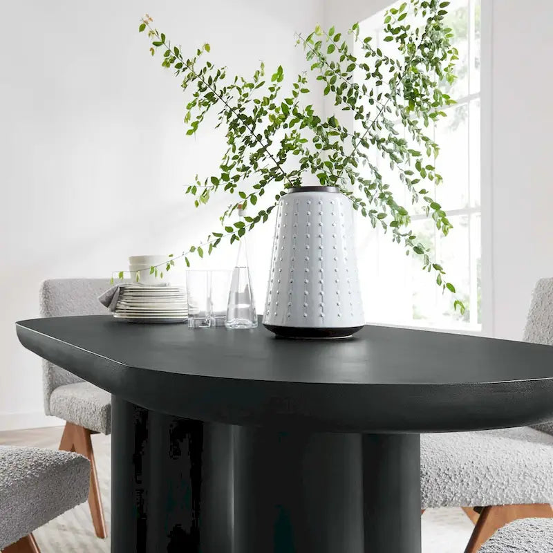 72-Inch Oval Concrete-Look Dining Table with Triple Cylinder Pedestal Base, White Black