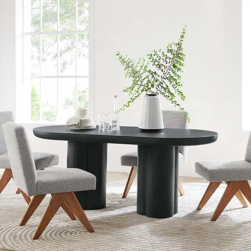 72-Inch Oval Concrete-Look Dining Table with Triple Cylinder Pedestal Base, White Black