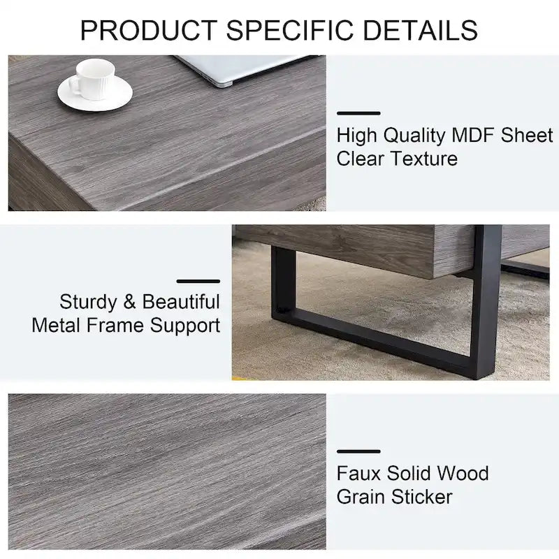 A Rustic Gray Wood Grain MDF Coffee Table With Black Metal Legs - An Elegant Space In Natural Wood Tones