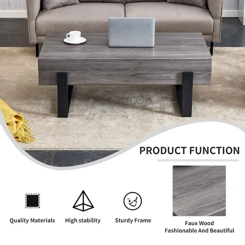 A Rustic Gray Wood Grain MDF Coffee Table With Black Metal Legs - An Elegant Space In Natural Wood Tones