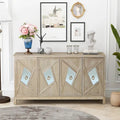 4-Door Sideboard Cabinet with Diamond Mirror Panels and Ring Handles, Grey Brown