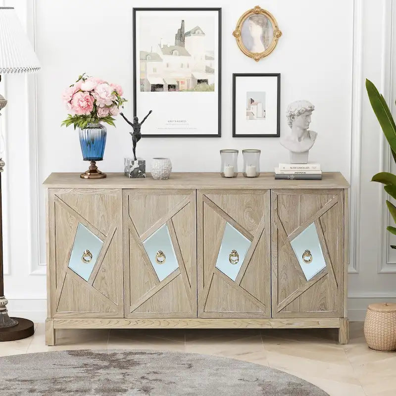 4-Door Sideboard Cabinet with Diamond Mirror Panels and Ring Handles, Grey Brown