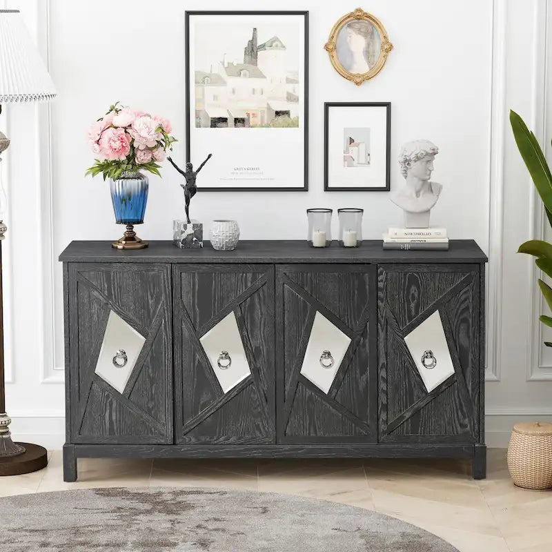 4-Door Sideboard Cabinet with Diamond Mirror Panels and Ring Handles, Grey Brown