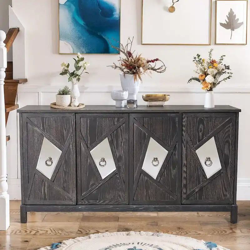 4-Door Sideboard Cabinet with Diamond Mirror Panels and Ring Handles, Grey Brown
