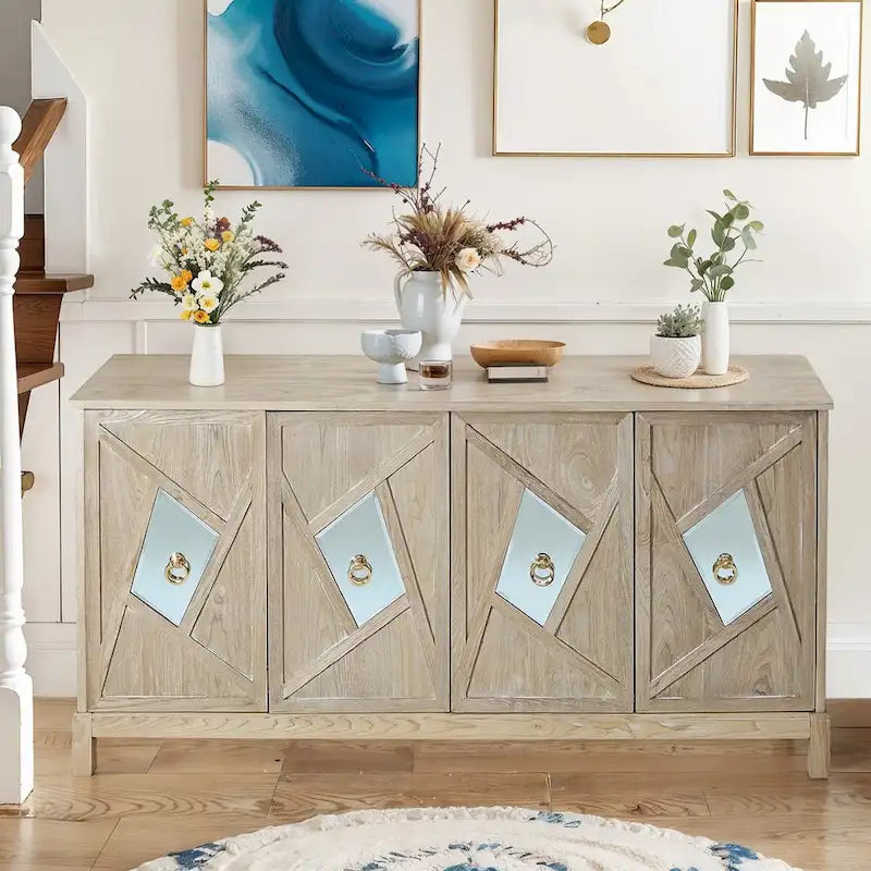 4-Door Sideboard Cabinet with Diamond Mirror Panels and Ring Handles, Grey Brown