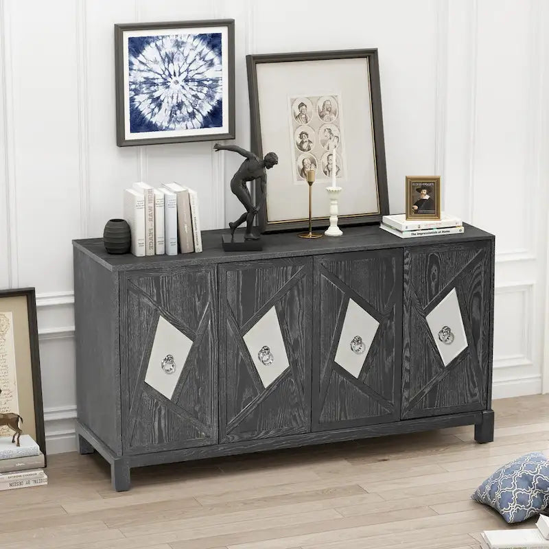 4-Door Sideboard Cabinet with Diamond Mirror Panels and Ring Handles, Grey Brown