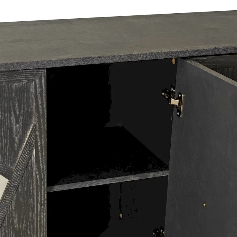 4-Door Sideboard Cabinet with Diamond Mirror Panels and Ring Handles, Grey Brown
