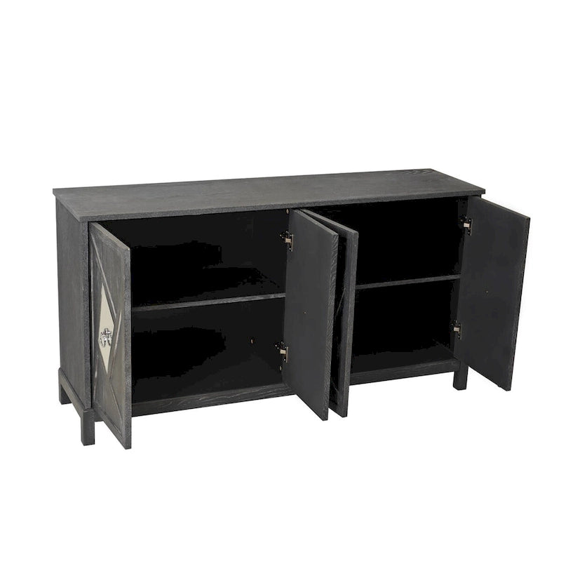 4-Door Sideboard Cabinet with Diamond Mirror Panels and Ring Handles, Grey Brown