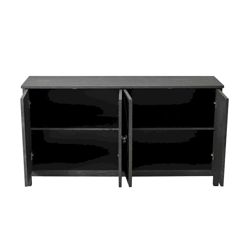 4-Door Sideboard Cabinet with Diamond Mirror Panels and Ring Handles, Grey Brown