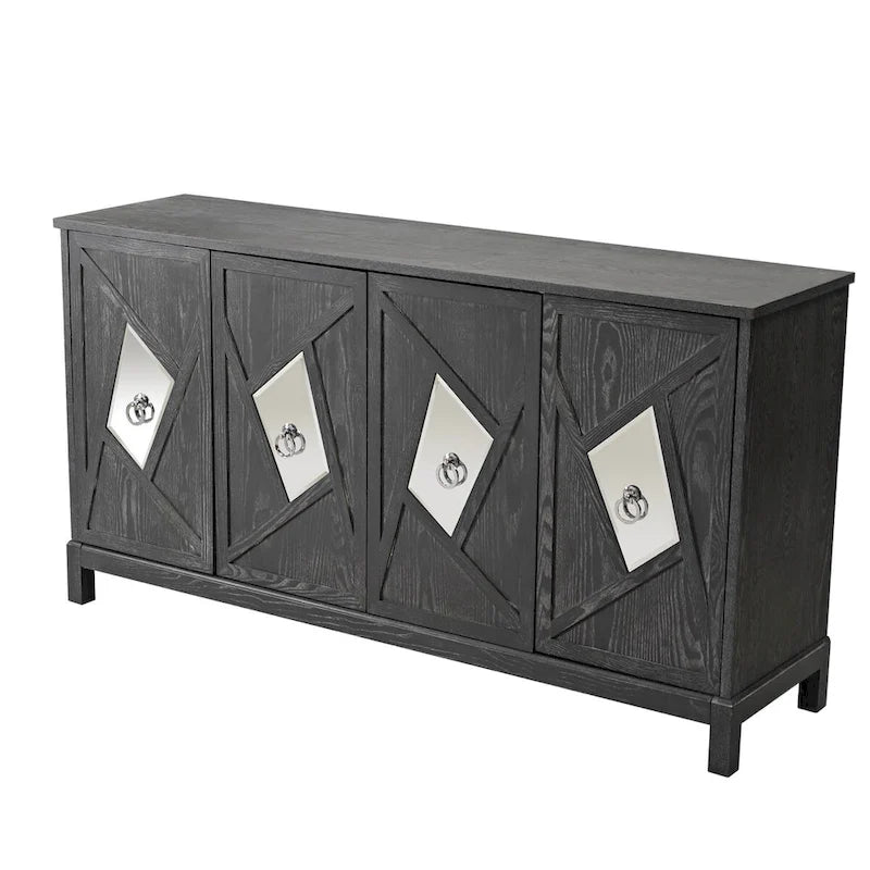 4-Door Sideboard Cabinet with Diamond Mirror Panels and Ring Handles, Grey Brown