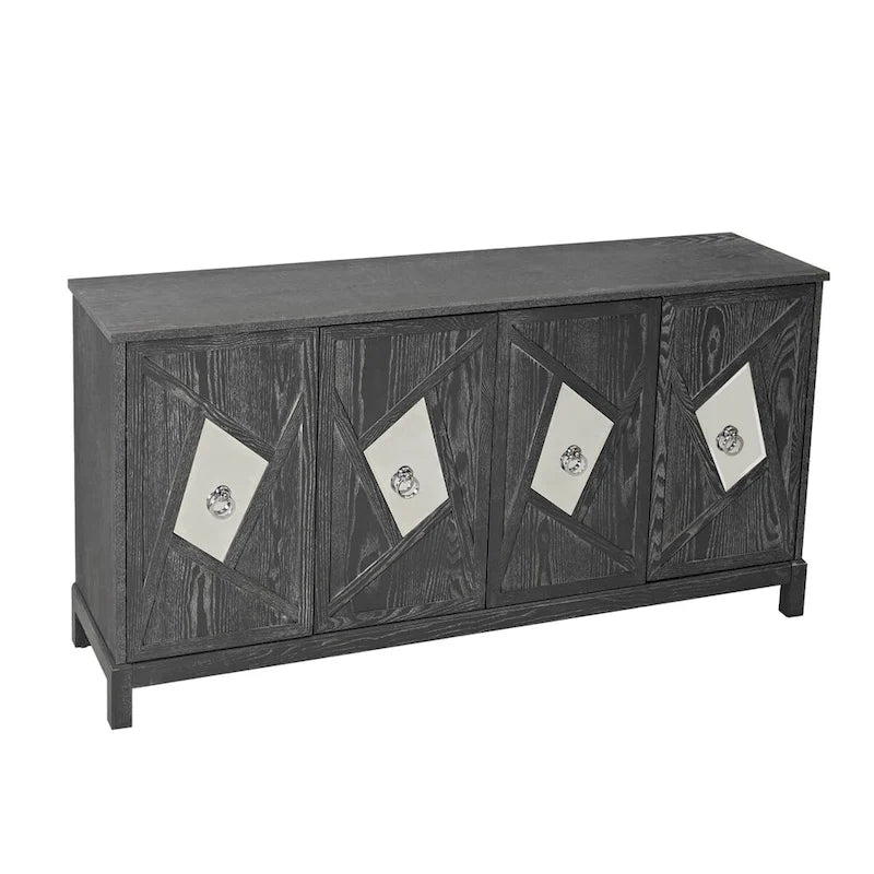 4-Door Sideboard Cabinet with Diamond Mirror Panels and Ring Handles, Grey Brown