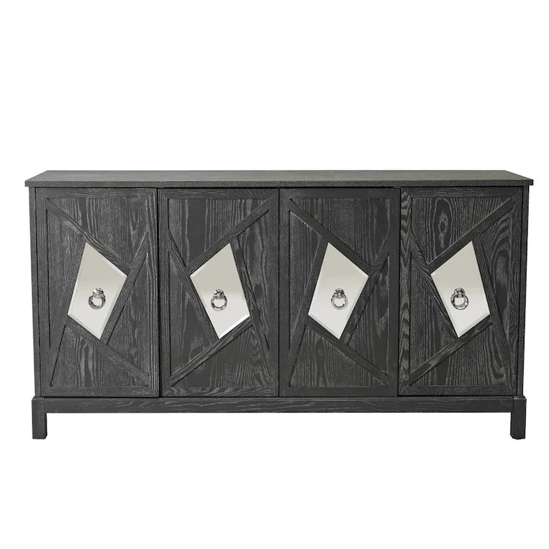 4-Door Sideboard Cabinet with Diamond Mirror Panels and Ring Handles, Grey Brown
