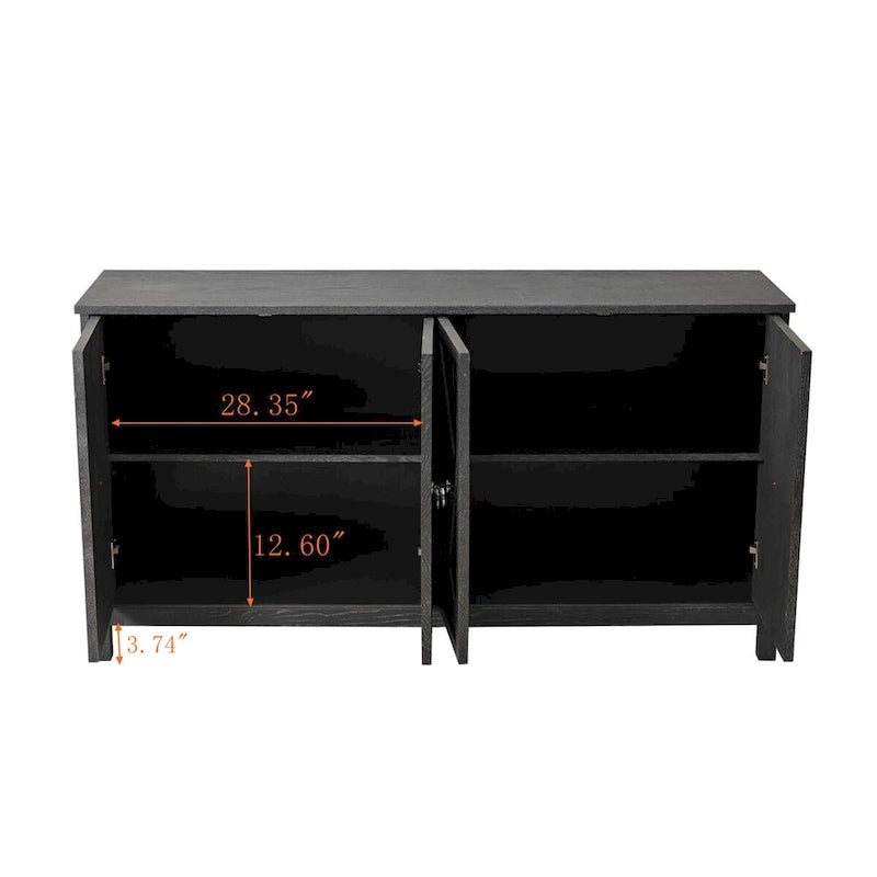4-Door Sideboard Cabinet with Diamond Mirror Panels and Ring Handles, Grey Brown