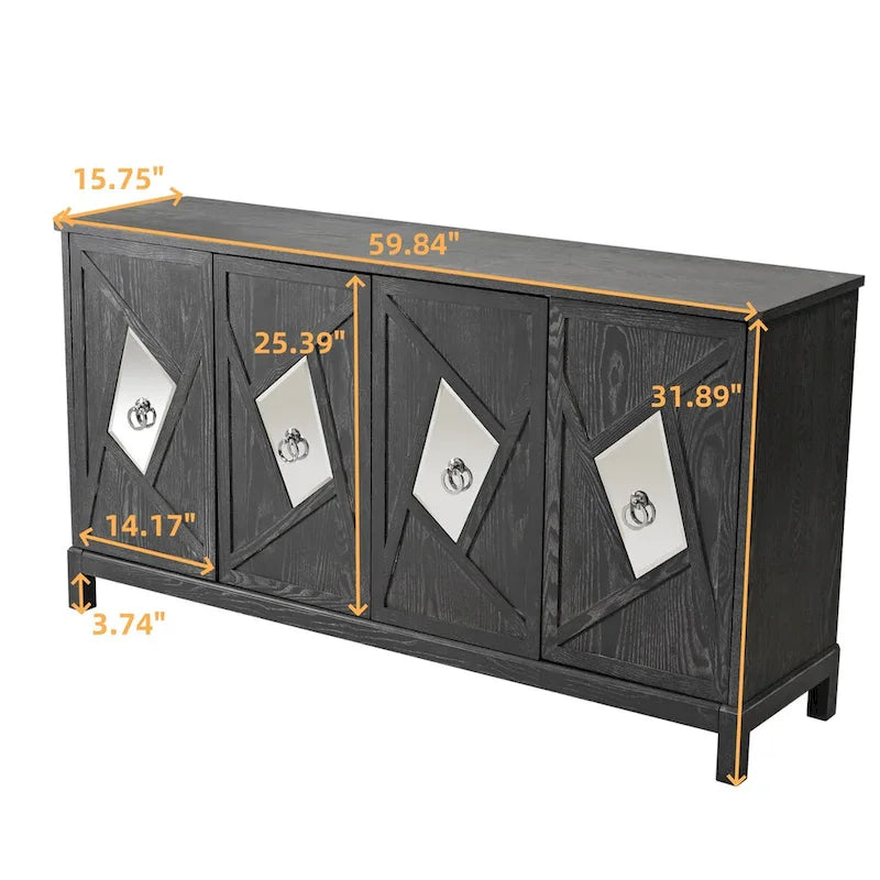 4-Door Sideboard Cabinet with Diamond Mirror Panels and Ring Handles, Grey Brown