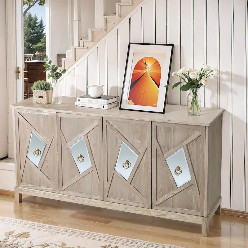 4-Door Sideboard Cabinet with Diamond Mirror Panels and Ring Handles, Grey Brown