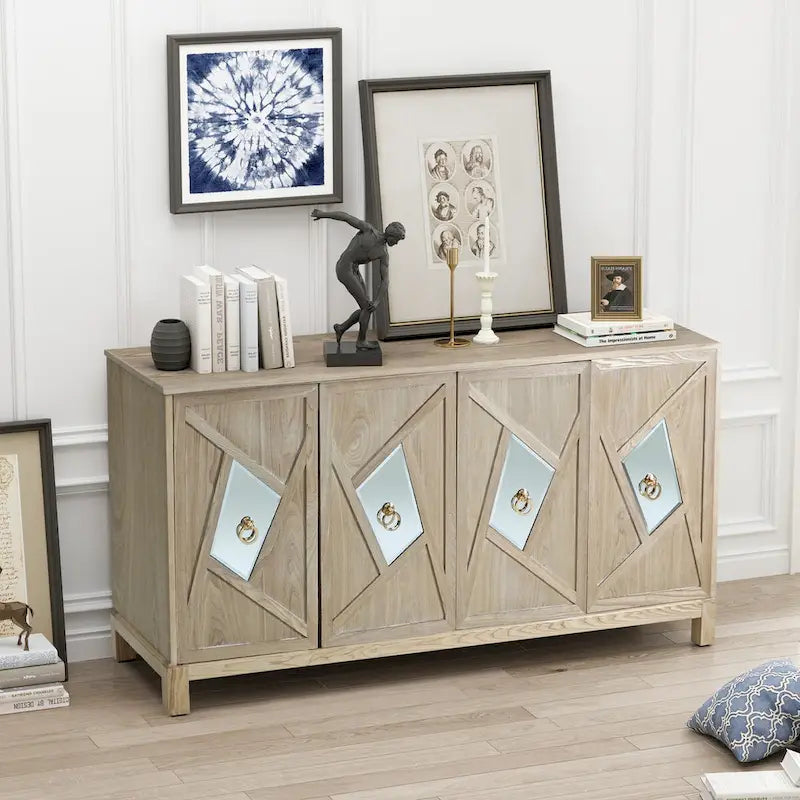 4-Door Sideboard Cabinet with Diamond Mirror Panels and Ring Handles, Grey Brown