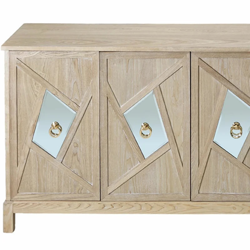 4-Door Sideboard Cabinet with Diamond Mirror Panels and Ring Handles, Grey Brown