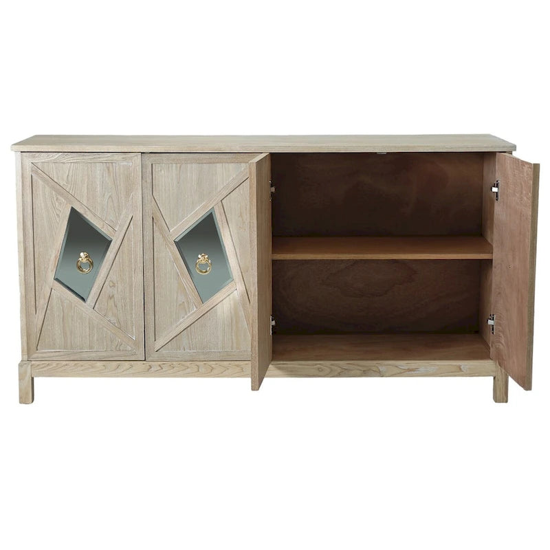 4-Door Sideboard Cabinet with Diamond Mirror Panels and Ring Handles, Grey Brown