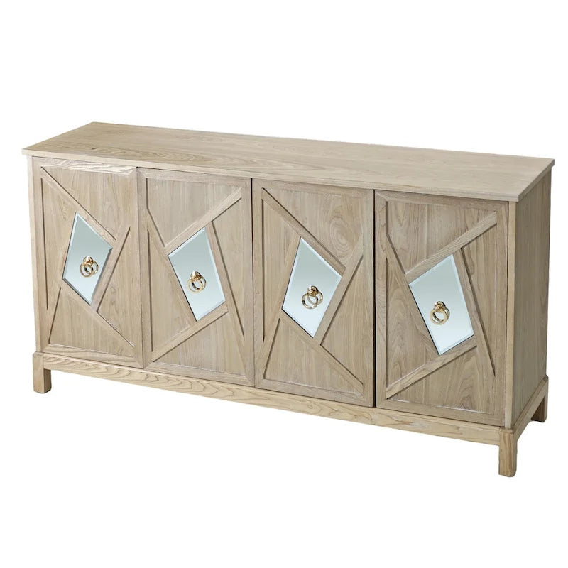 4-Door Sideboard Cabinet with Diamond Mirror Panels and Ring Handles, Grey Brown