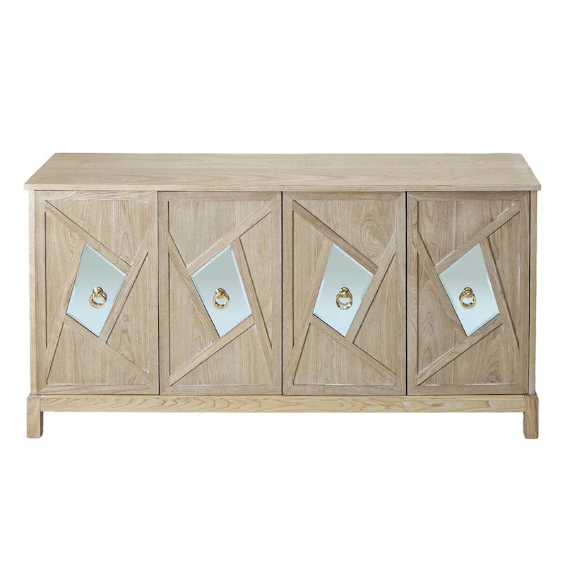 4-Door Sideboard Cabinet with Diamond Mirror Panels and Ring Handles, Grey Brown